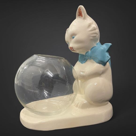 Vintage Ceramic Cat w/ Glass Fishbowl – Bow Tie Kitten Planter or Candy Dish - Picture 5 of 6